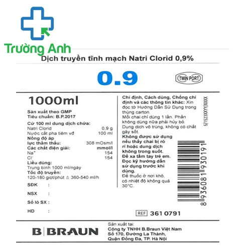 Natri Clorid 0,9% 1000ml B.Braun - Dung môi pha tiêm truyền hiệu quả